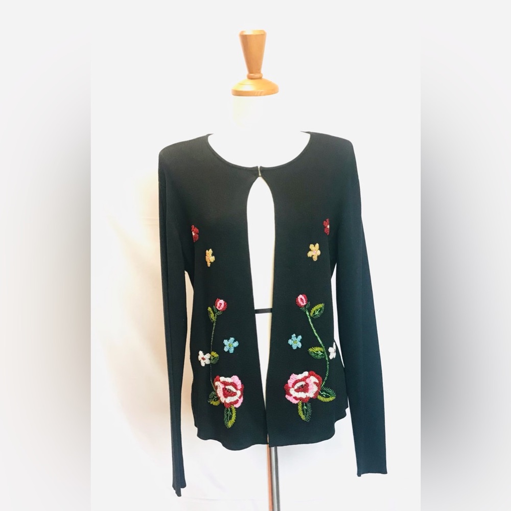 Vintage Black knit Sweater with beaded flowers